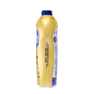 Tall yellow plastic bottle with a blue cap, showing nutritional and ingredient information on the side.