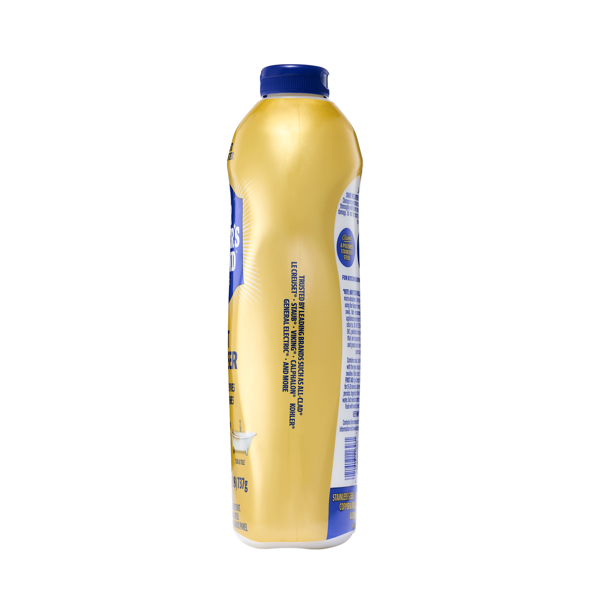 Tall yellow plastic bottle with a blue cap, showing nutritional and ingredient information on the side.