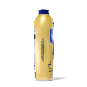 Tall yellow plastic bottle with blue cap labeled for cleaning chrome and ceramic surfaces.