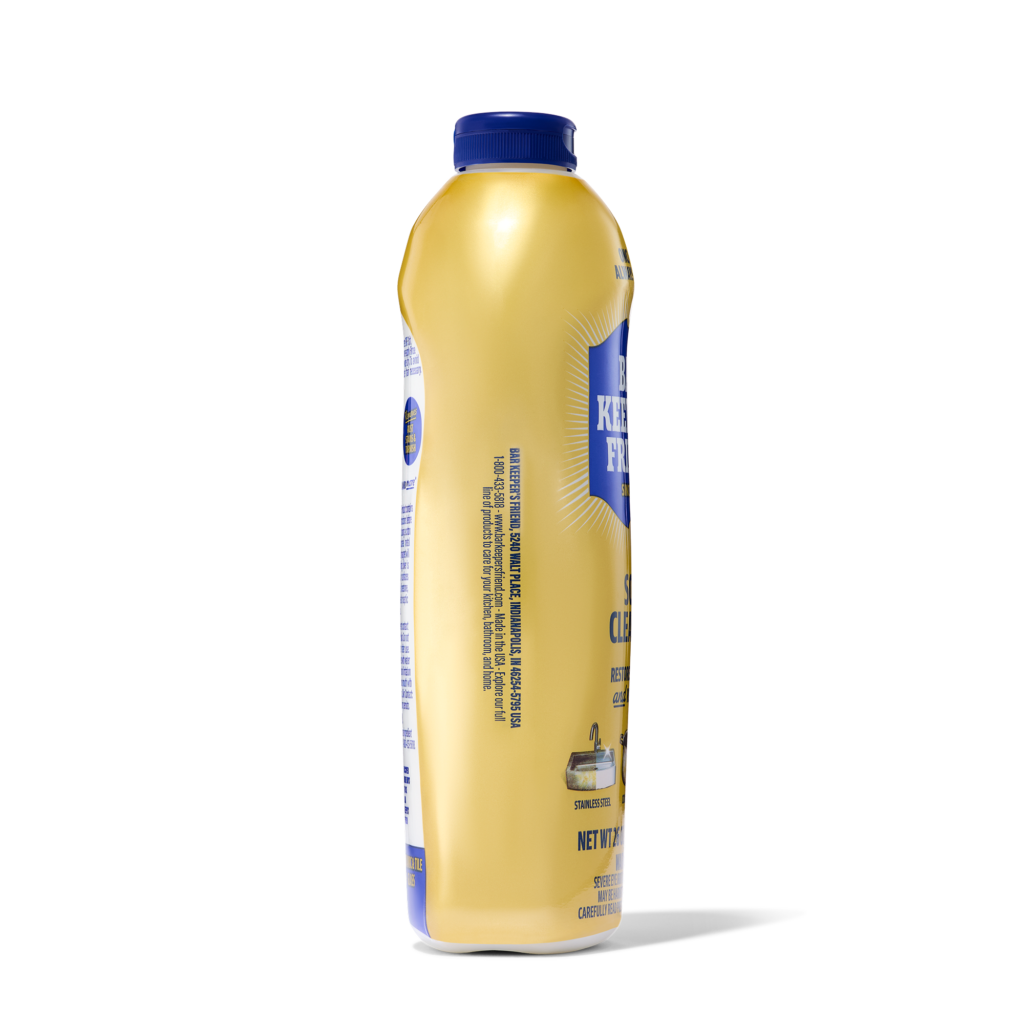 Tall yellow plastic bottle with blue cap labeled for cleaning chrome and ceramic surfaces.