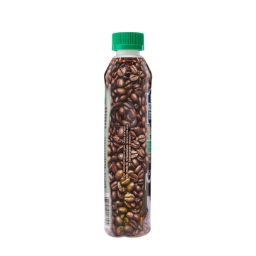 Plastic bottle filled with whole coffee beans and a green cap.