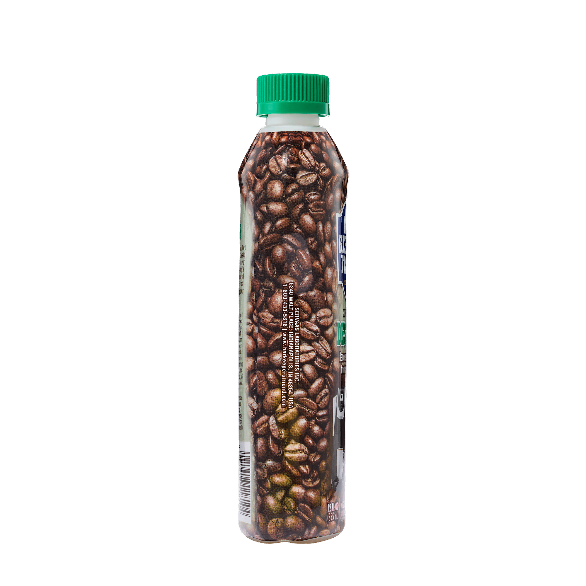 Plastic bottle filled with whole coffee beans and a green cap.