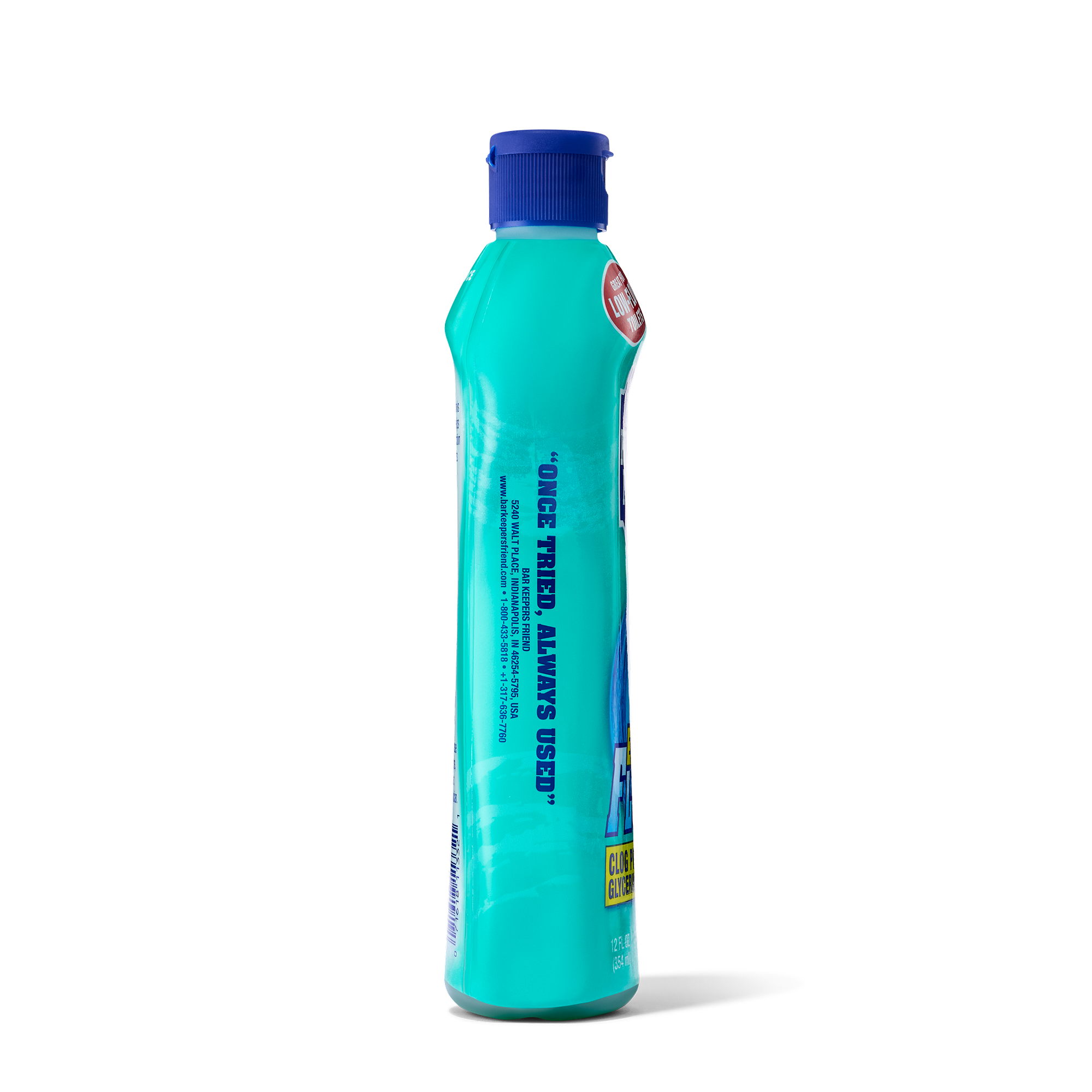 Tall turquoise plastic bottle with a blue cap, labeled for bathroom toilet bowl cleaning.