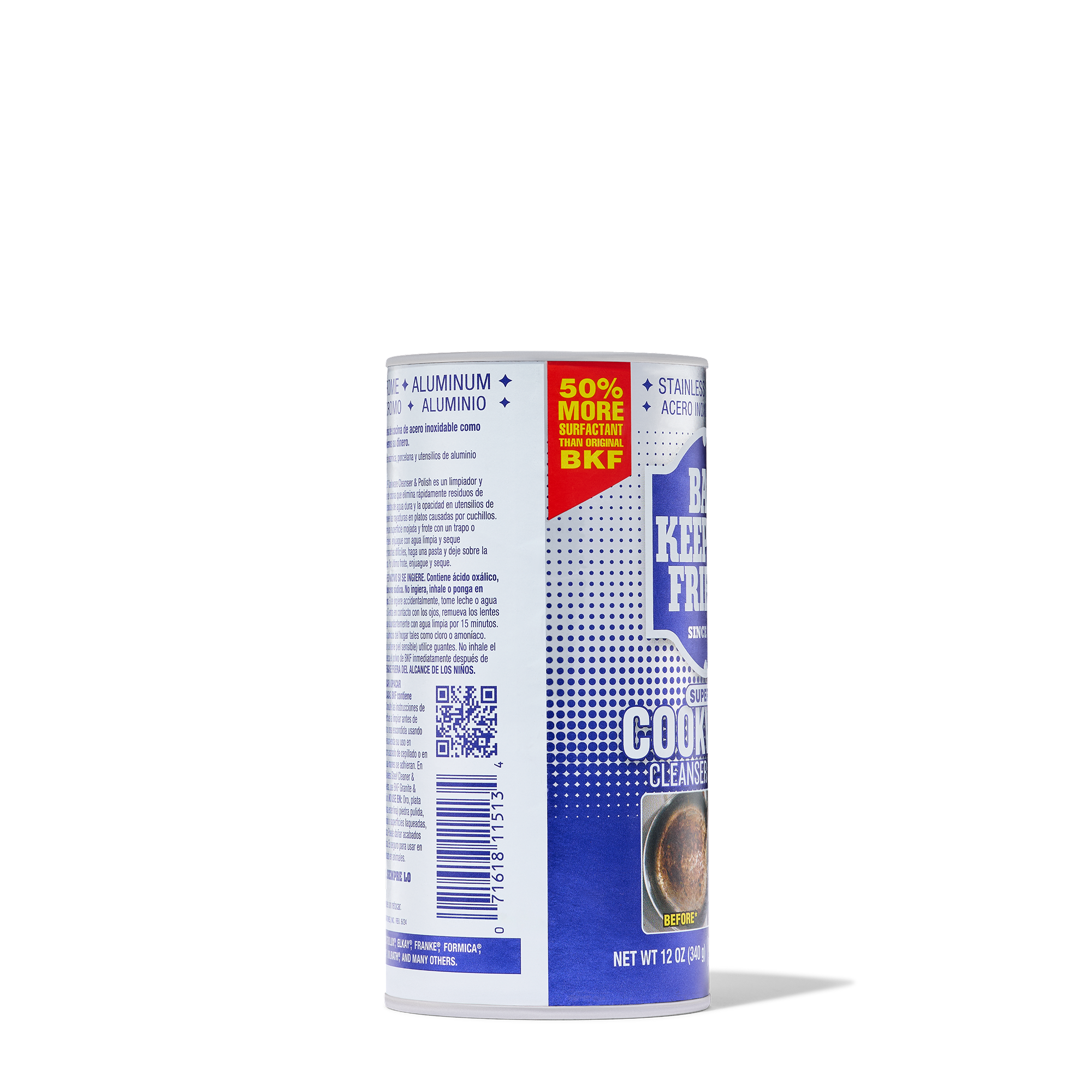 Container of cookware cleaner and polish with label showing usage for aluminum and stainless steel cookware.
