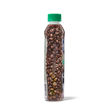 Clear plastic bottle filled with coffee beans and a green screw cap, standing upright.