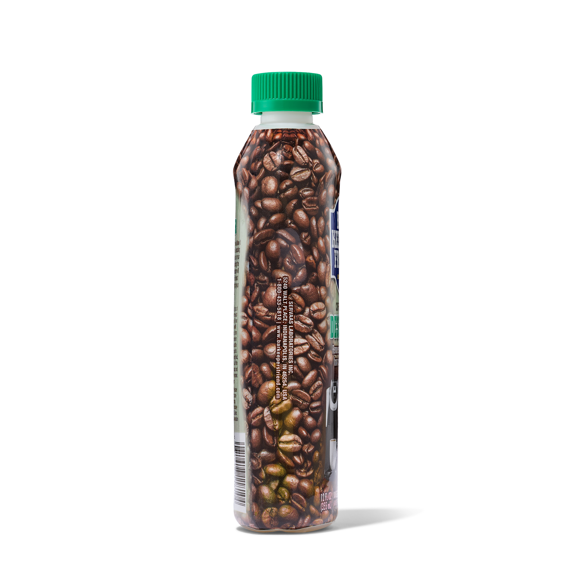 Clear plastic bottle filled with coffee beans and a green screw cap, standing upright.
