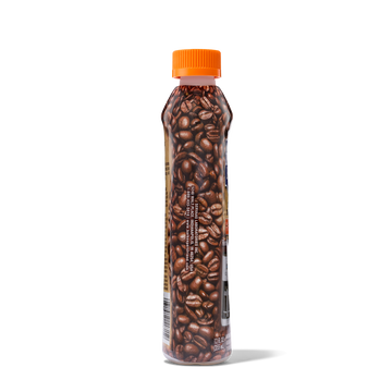 Clear plastic bottle with orange cap filled with whole coffee beans against a white background