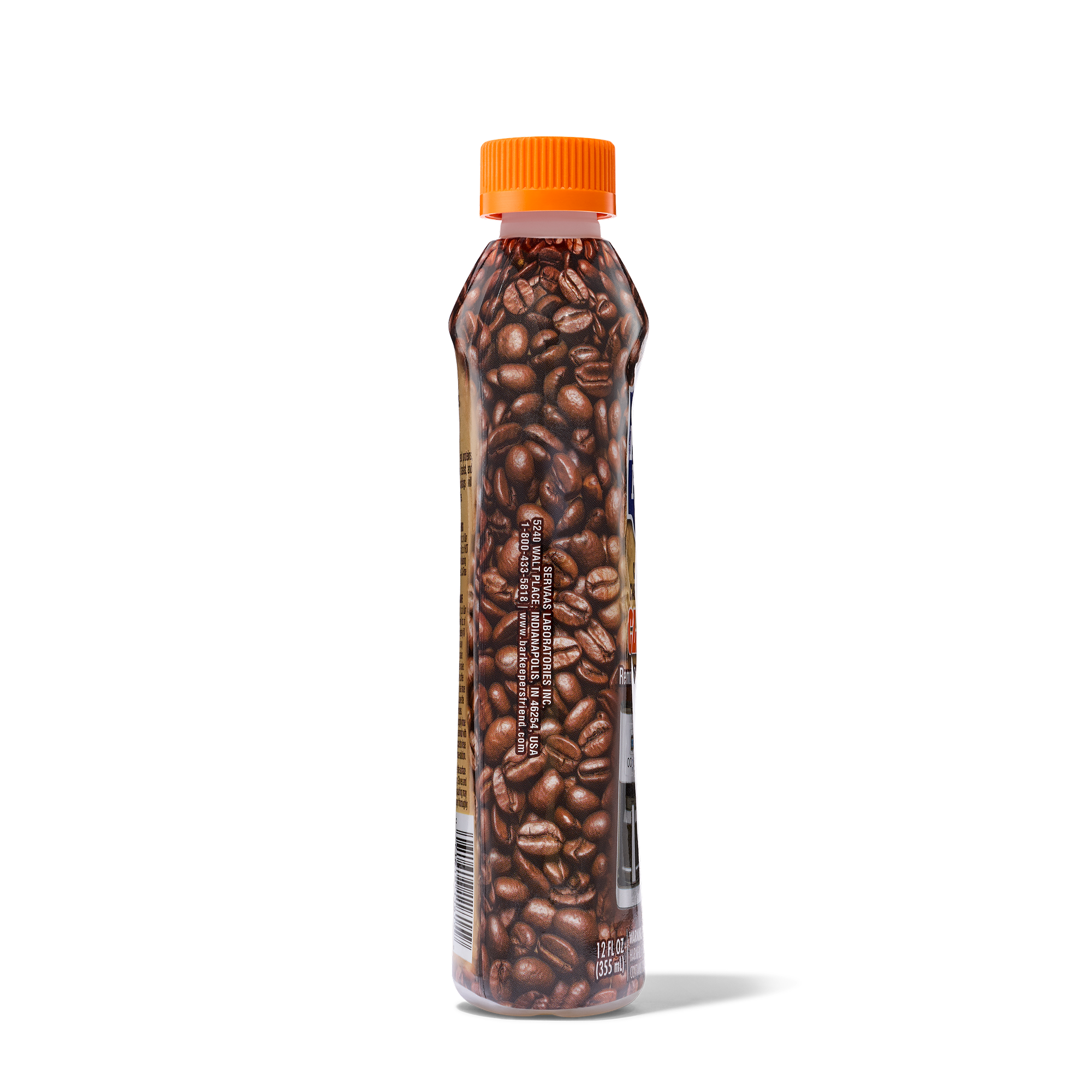 Clear plastic bottle with orange cap filled with whole coffee beans against a white background