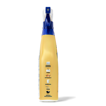Yellow spray bottle with blue trigger labeled for cleaning aluminum, ceramic, copper, brass, shower doors, chrome, and outdoo