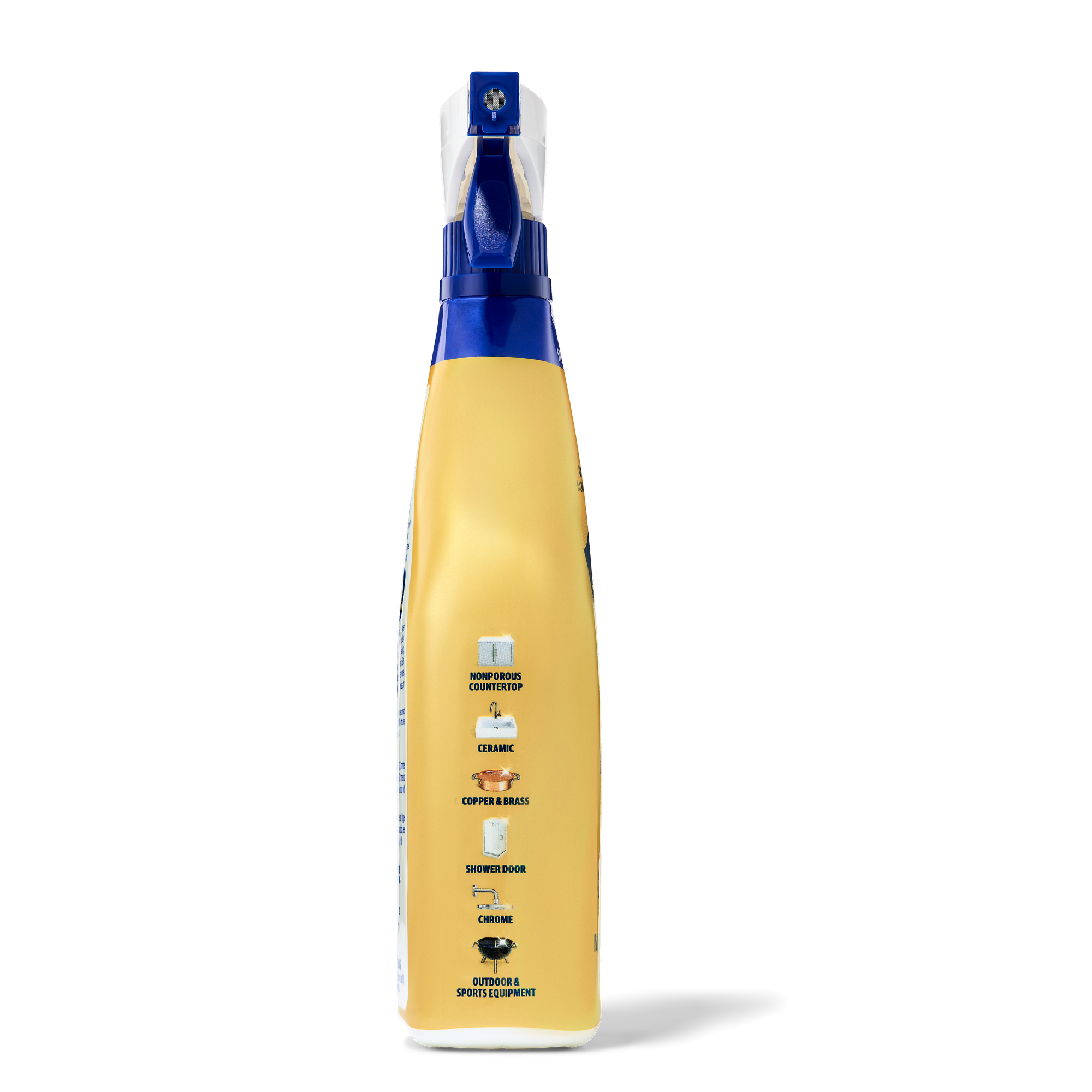 Yellow spray bottle with blue trigger labeled for cleaning aluminum, ceramic, copper, brass, shower doors, chrome, and outdoo