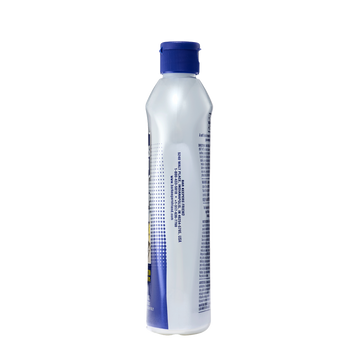Tall cylindrical bottle with a blue cap and text on the side, likely a cosmetic or personal care product.