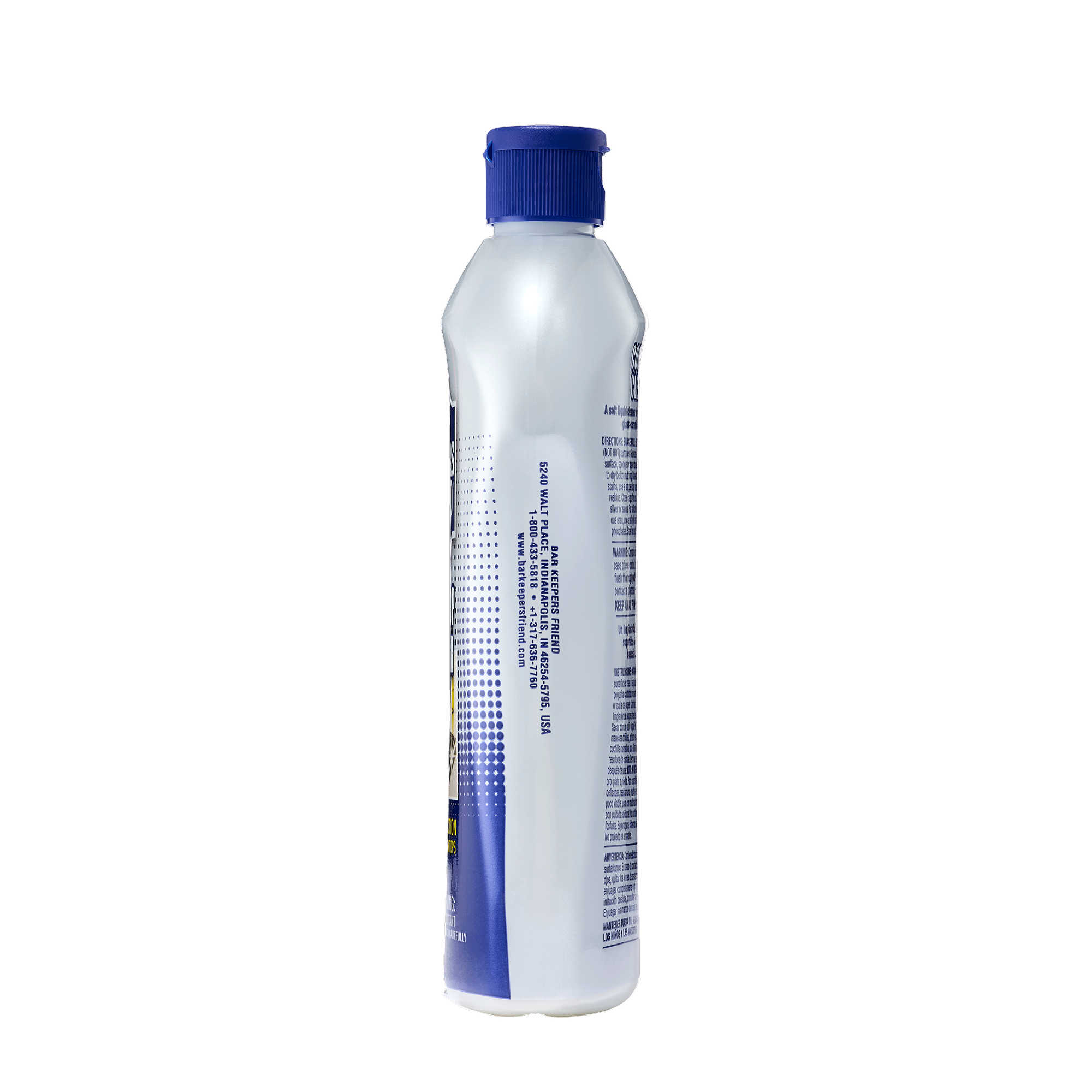 Tall cylindrical bottle with a blue cap and text on the side, likely a cosmetic or personal care product.