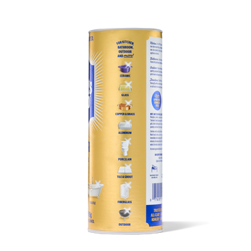 Yellow cylindrical container showing icons and text listing surfaces the cleanser can be used on, including ceramic, glass, c