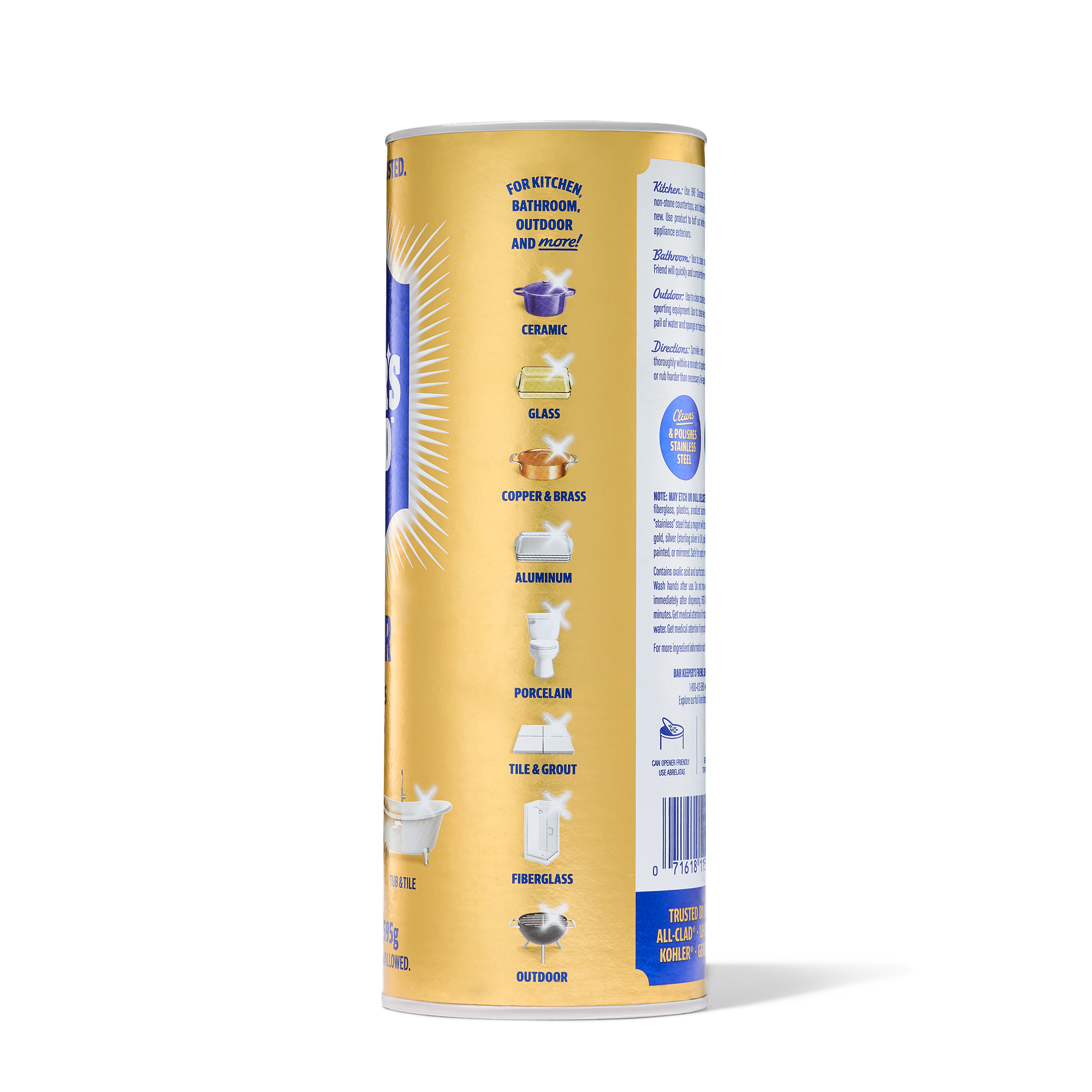 Yellow cylindrical container showing icons and text listing surfaces the cleanser can be used on, including ceramic, glass, c