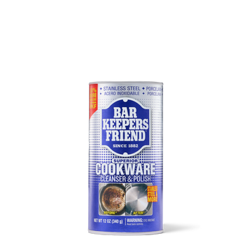 Container of Bar Keepers Friend Cookware Cleanser & Polish with before and after cookware cleaning images on the label.