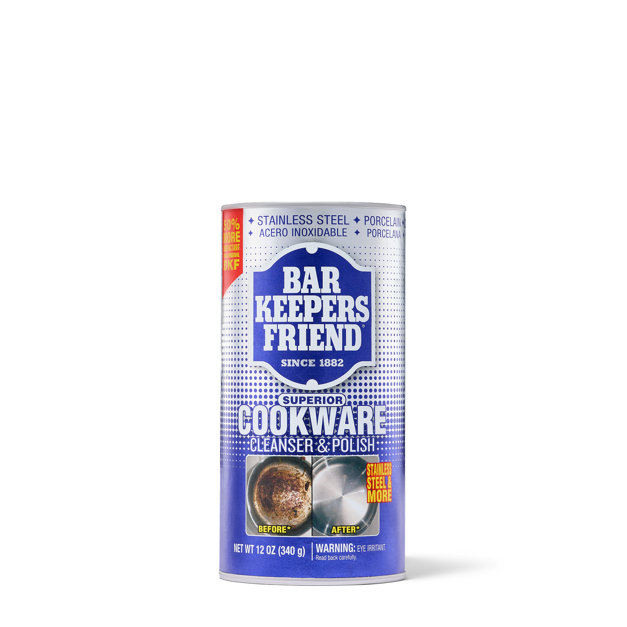 Container of Bar Keepers Friend Cookware Cleanser & Polish with before and after cookware cleaning images on the label.