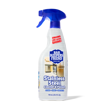 Spray bottle of Bar Keepers Friend Stainless Steel Cleaner & Polish with kitchen oven and countertop image on label.