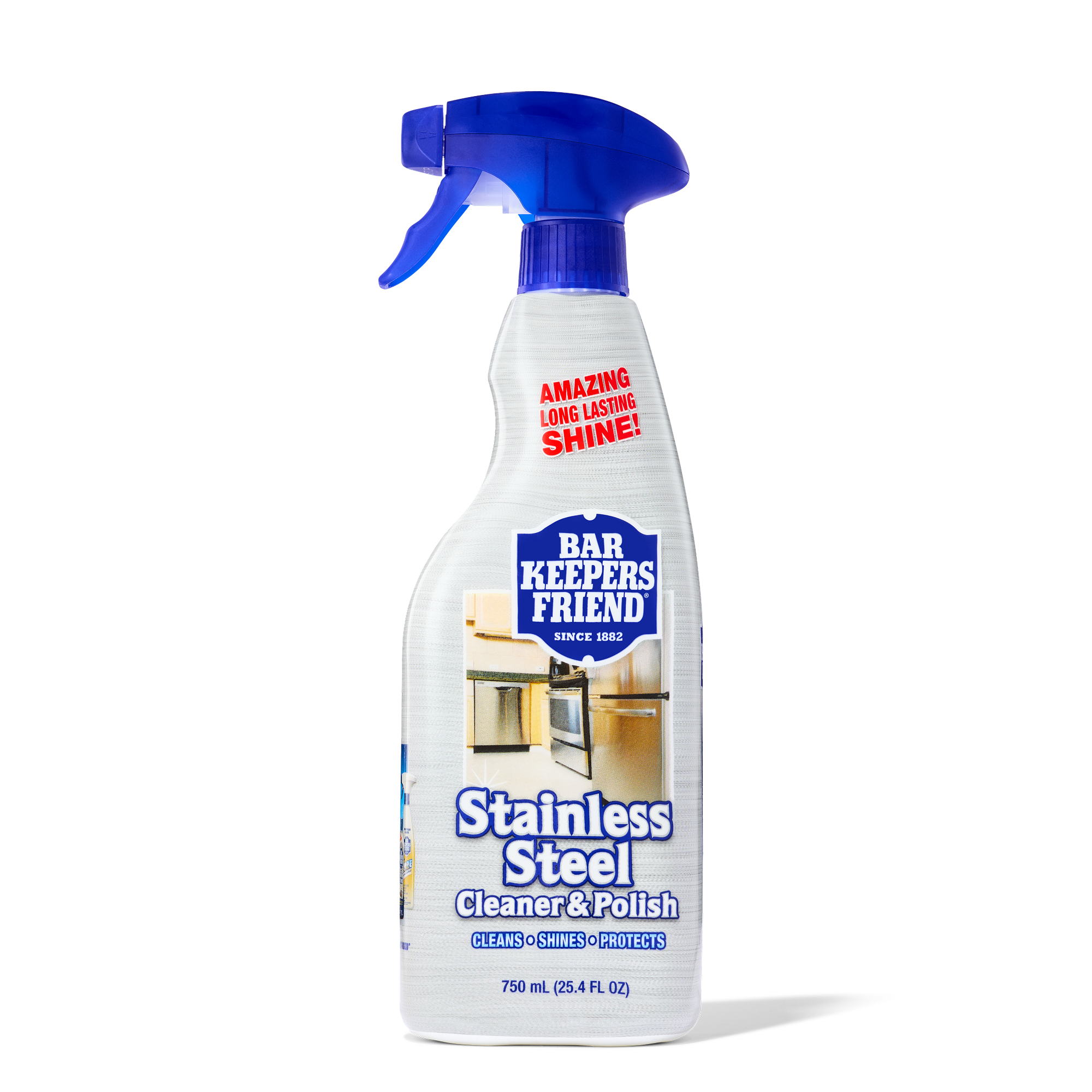Spray bottle of Bar Keepers Friend Stainless Steel Cleaner & Polish with kitchen oven and countertop image on label.