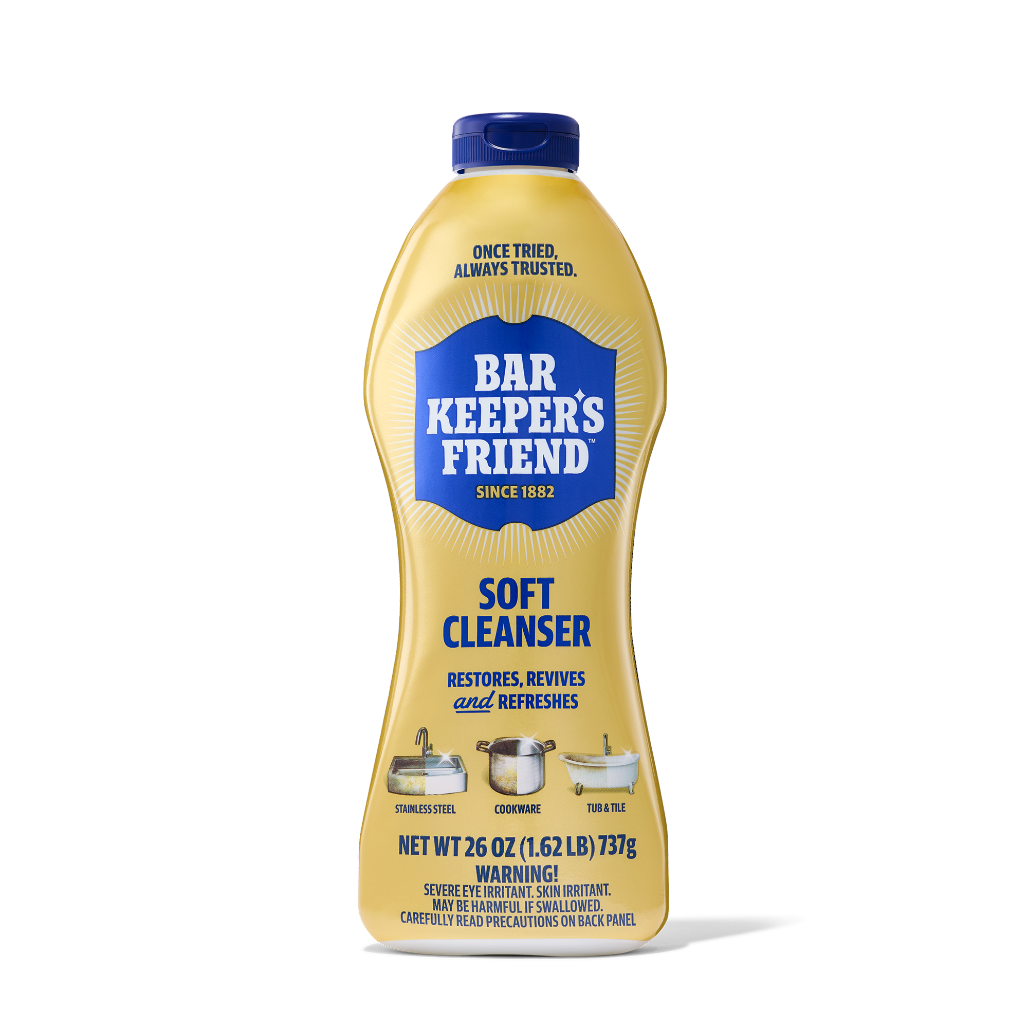 Yellow bottle of Bar Keeper's Friend soft cleanser with blue cap and label, showing uses for stainless steel, cookware, and t