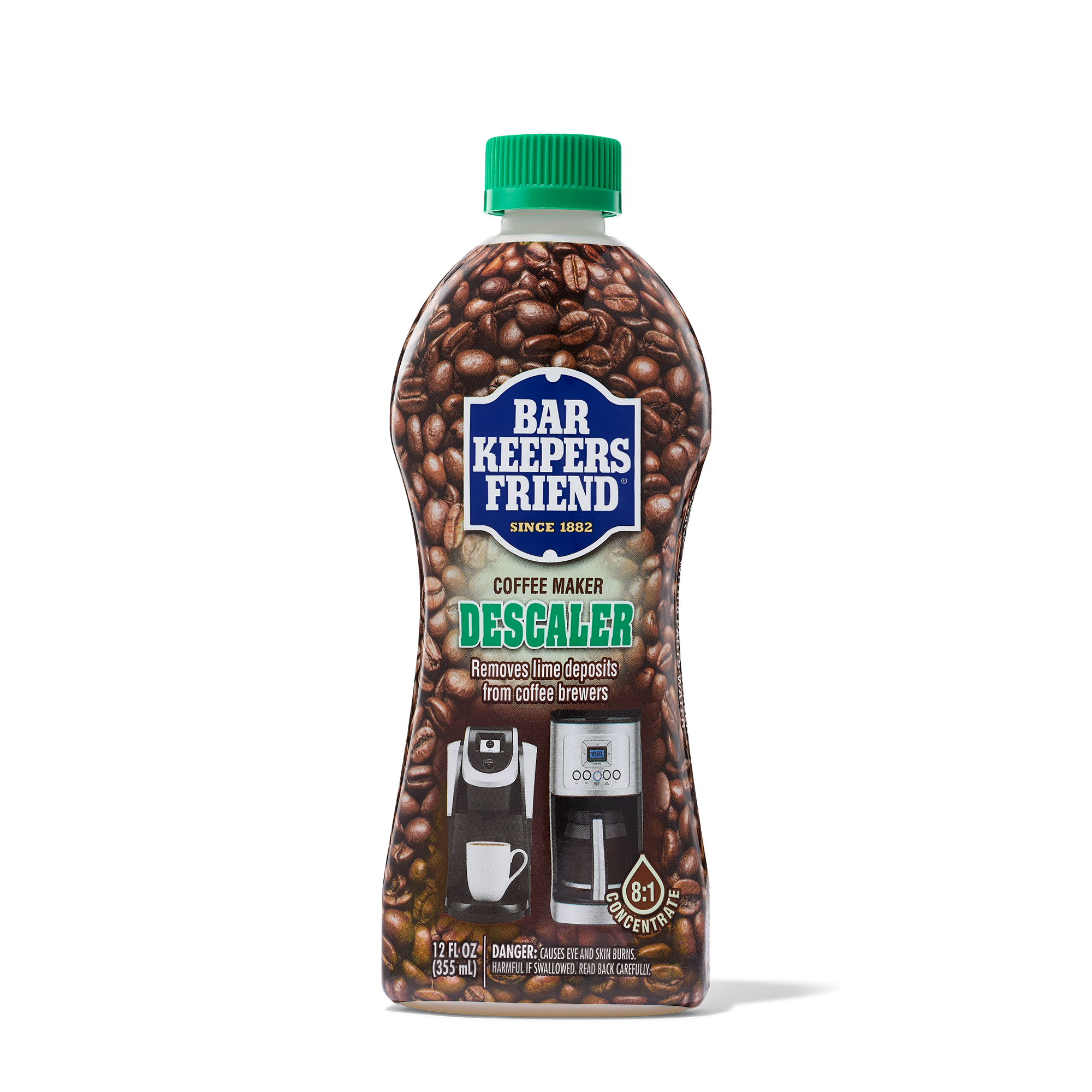 Bottle of Bar Keepers Friend Coffee Maker Descaler with coffee beans background and images of coffee makers on label.