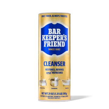 Bar Keepers Friend cleanser canister with text and small images of aluminum, cookware, and tile surfaces.