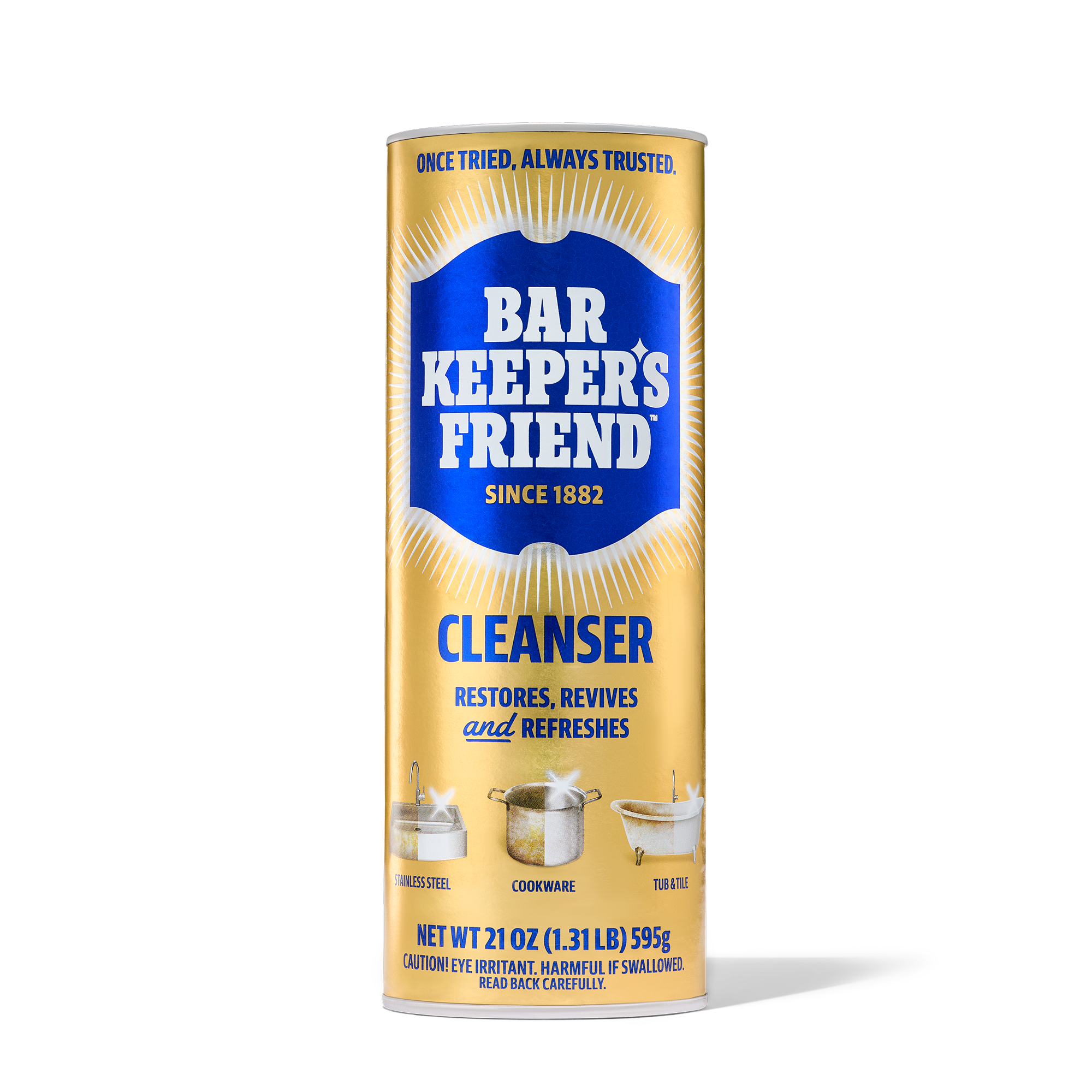 Bar Keepers Friend cleanser canister with text and small images of aluminum, cookware, and tile surfaces.