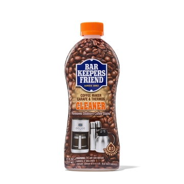 Bottle of Bar Keepers Friend coffee maker, carafe, and thermos cleaner with coffee bean design on label.