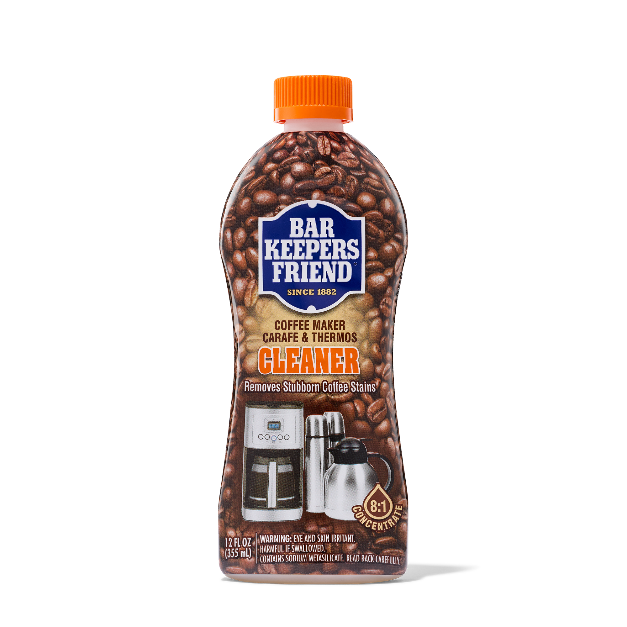 Bottle of Bar Keepers Friend coffee maker, carafe, and thermos cleaner with coffee bean design on label.