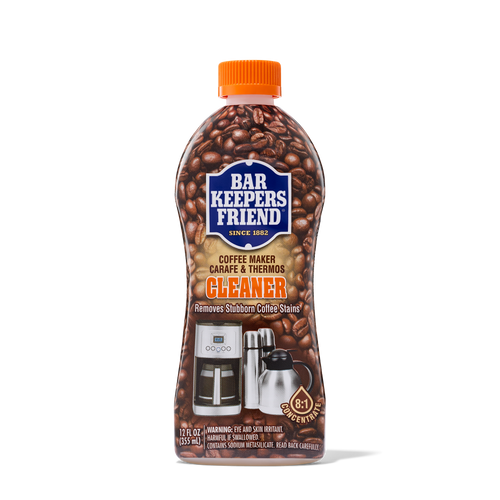 Bottle of Bar Keepers Friend coffee maker, carafe, and thermos cleaner with coffee bean design on label.