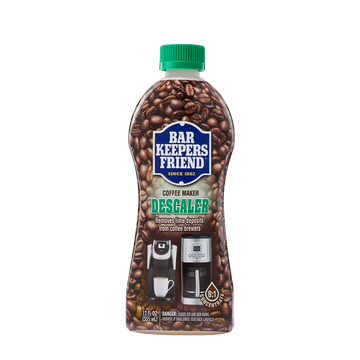 Bar Keepers Friend Coffee Maker Descaler bottle with coffee bean design and coffee maker images.