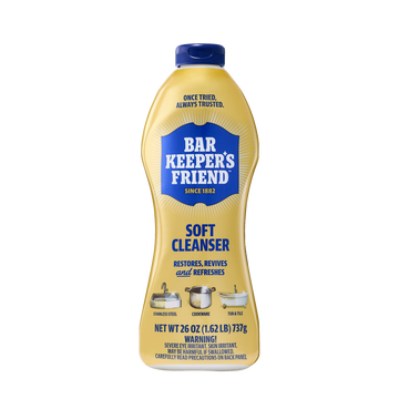 Bar Keeper's Friend soft cleanser bottle with cleaning claims and images of stainless steel, cookware, and tub & tile.