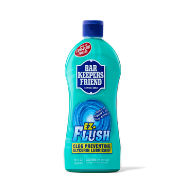 Bottle of Bar Keepers Friend EZ-Flush clog preventing glycerin lubricant for low-flow toilets.