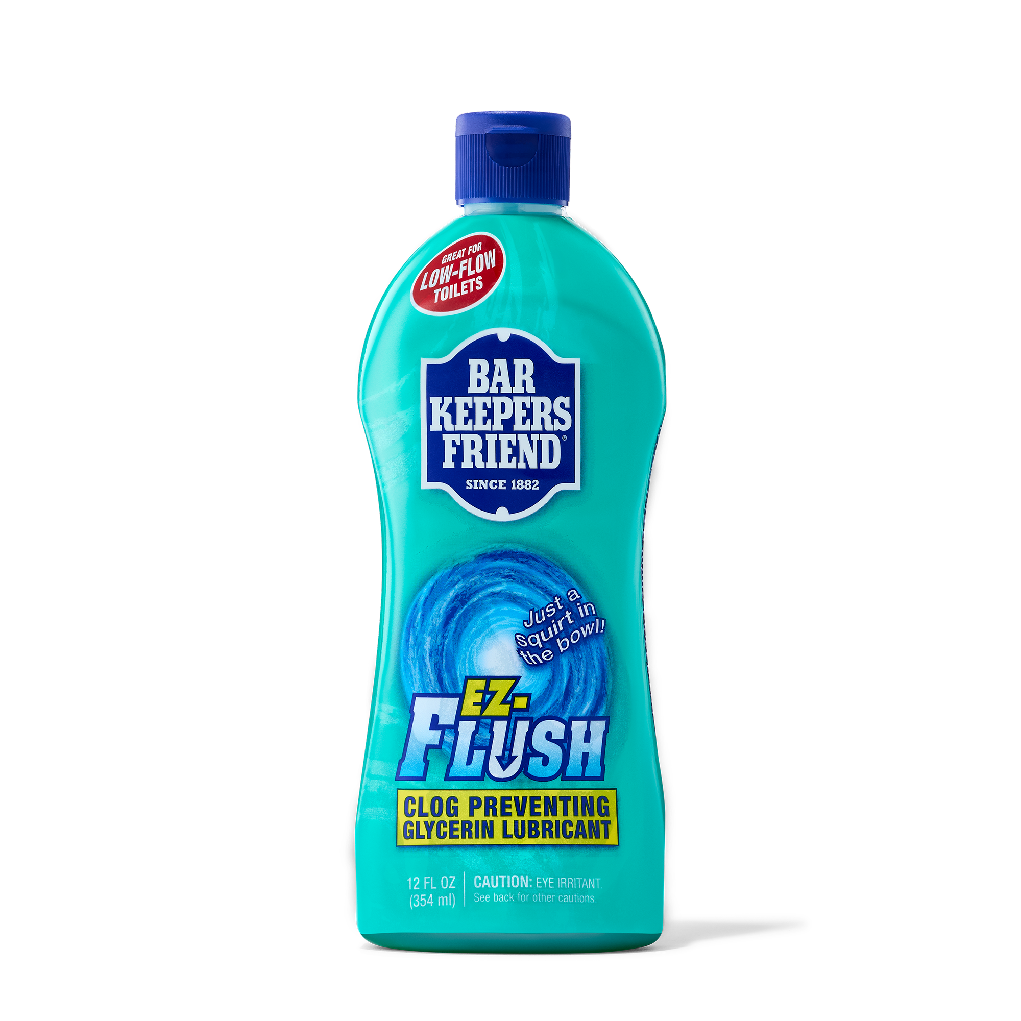 Bottle of Bar Keepers Friend EZ-Flush clog preventing glycerin lubricant for low-flow toilets.