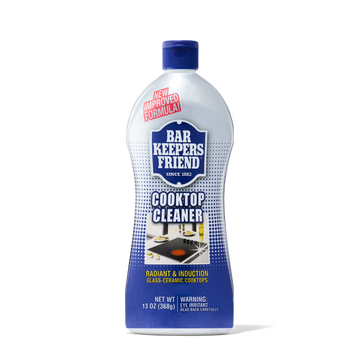 Bottle of Bar Keepers Friend Cooktop Cleaner for radiant and induction glass-ceramic cooktops with new improved formula label