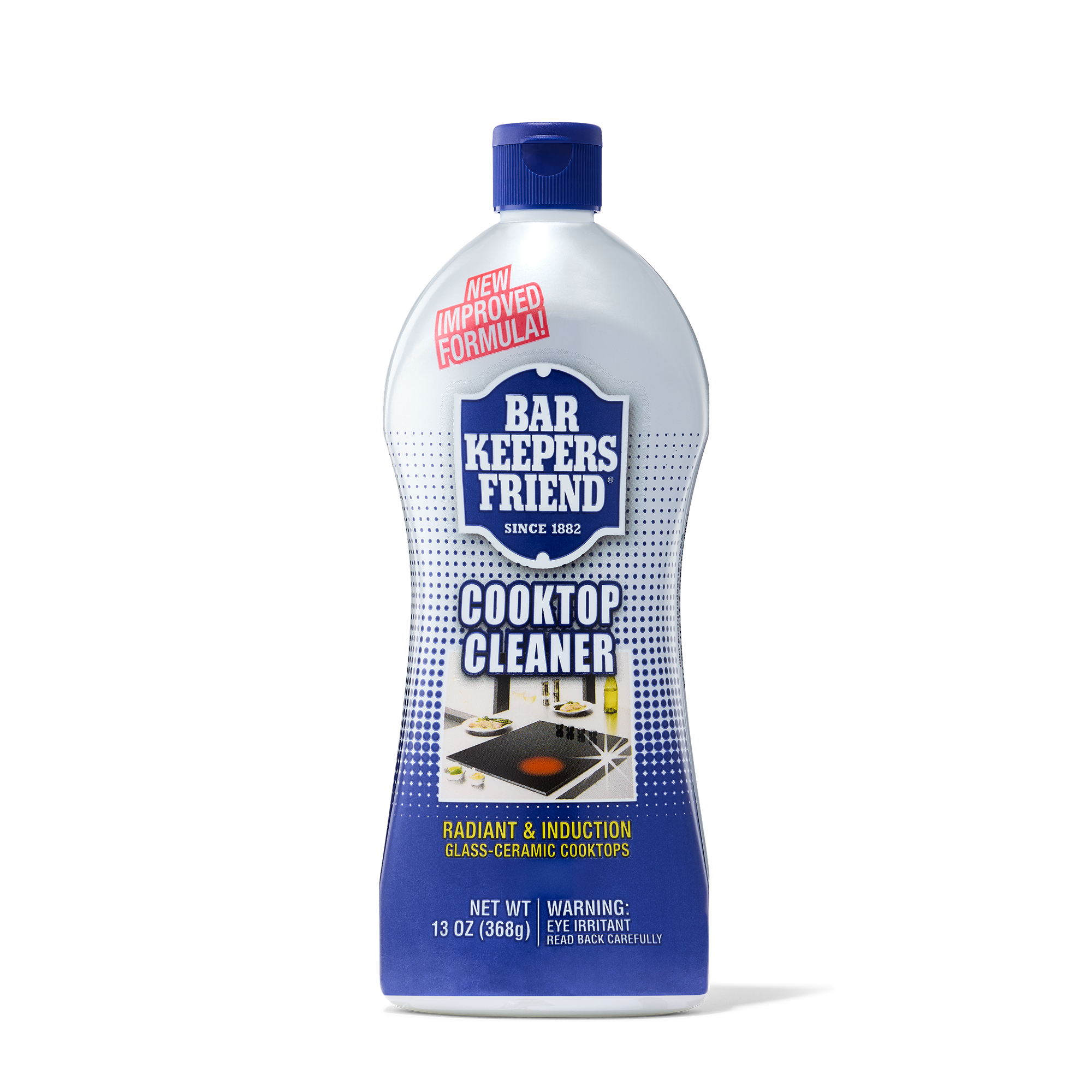 Bottle of Bar Keepers Friend Cooktop Cleaner for radiant and induction glass-ceramic cooktops with new improved formula label