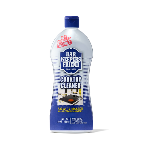 Bottle of Bar Keepers Friend Cooktop Cleaner for radiant and induction glass-ceramic cooktops with new improved formula label