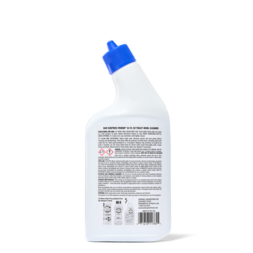 White plastic bottle with a blue angled nozzle, showing detailed usage and safety instructions on the back label.