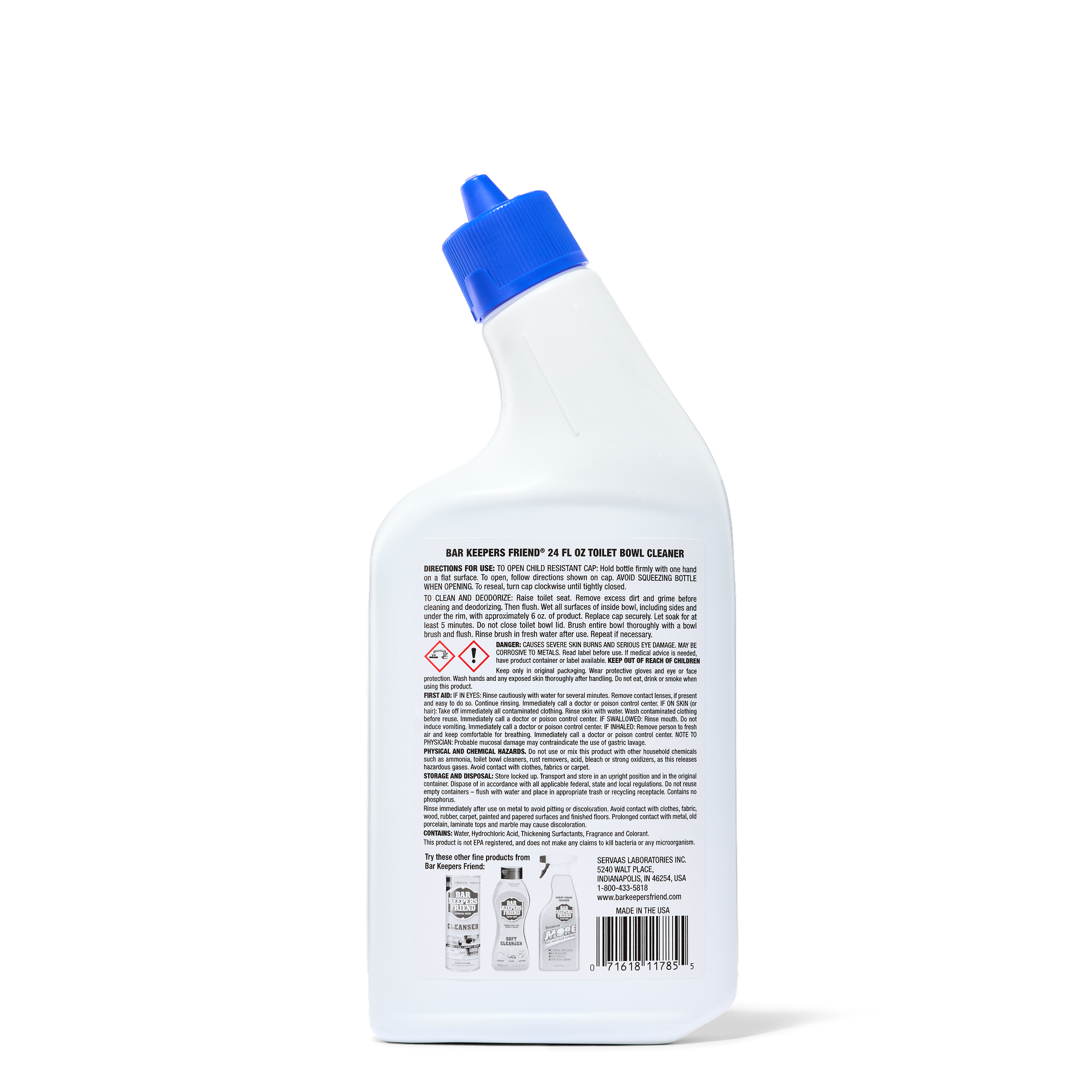 White plastic bottle with a blue angled nozzle, showing detailed usage and safety instructions on the back label.
