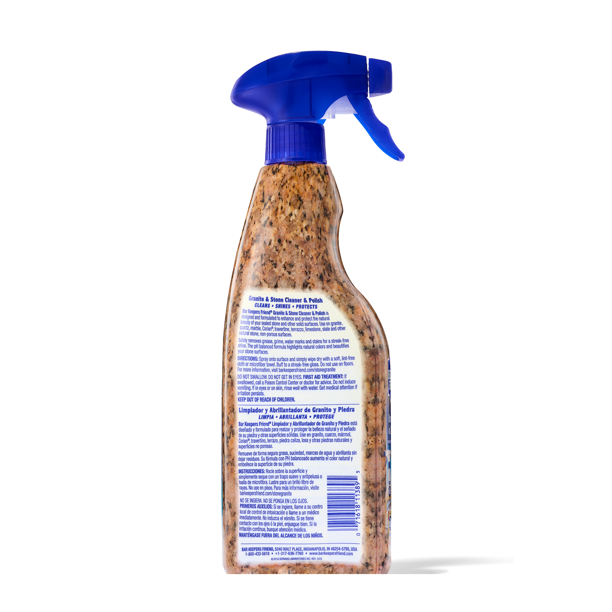 Spray bottle with blue trigger containing granite and stone cleaner and polish, label with usage instructions visible.