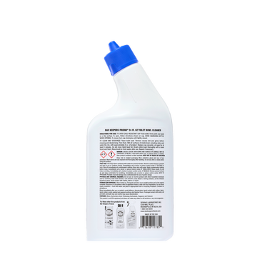 Back label of a toilet bowl cleaner bottle showing usage instructions, warnings, and hazard symbols.