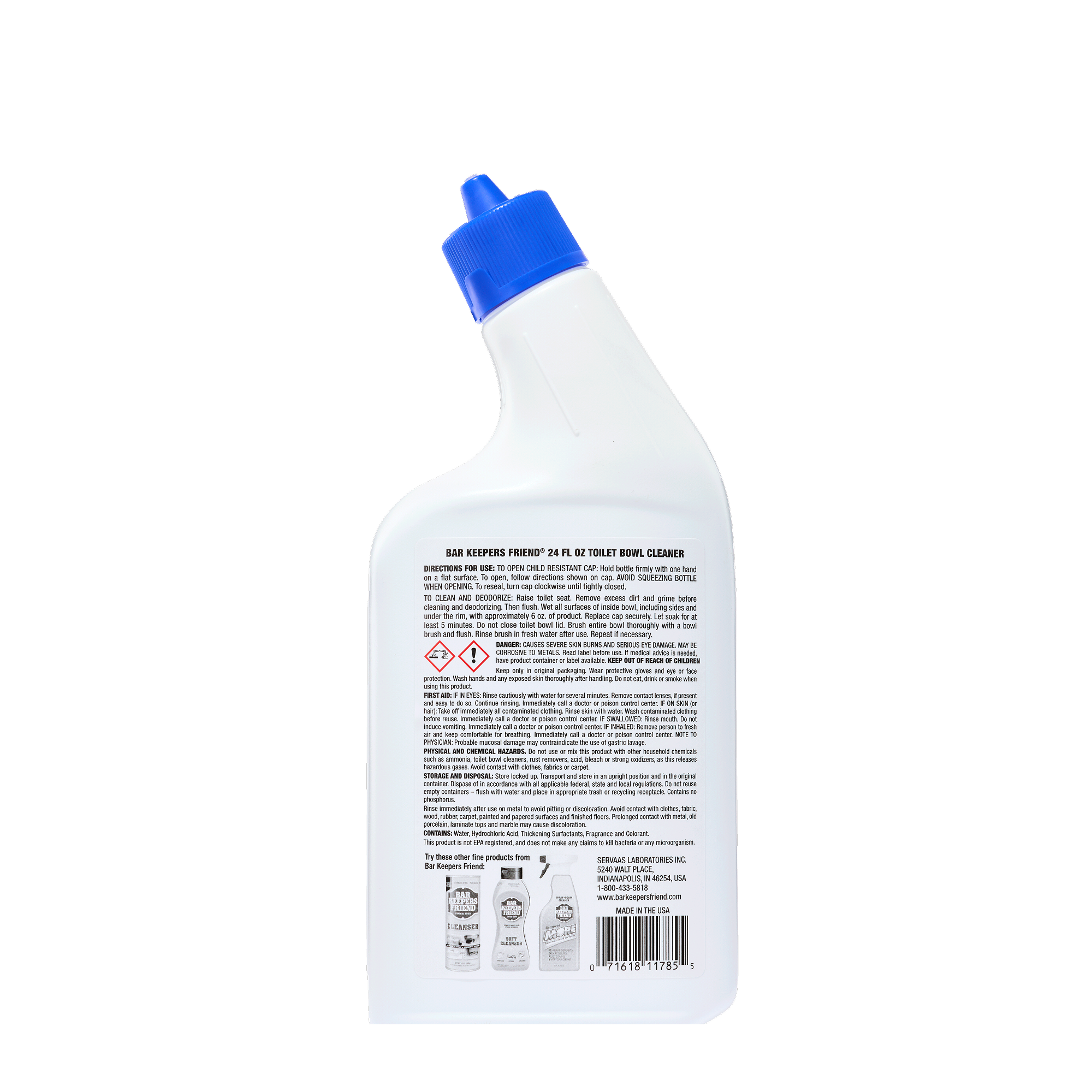 Back label of a toilet bowl cleaner bottle showing usage instructions, warnings, and hazard symbols.