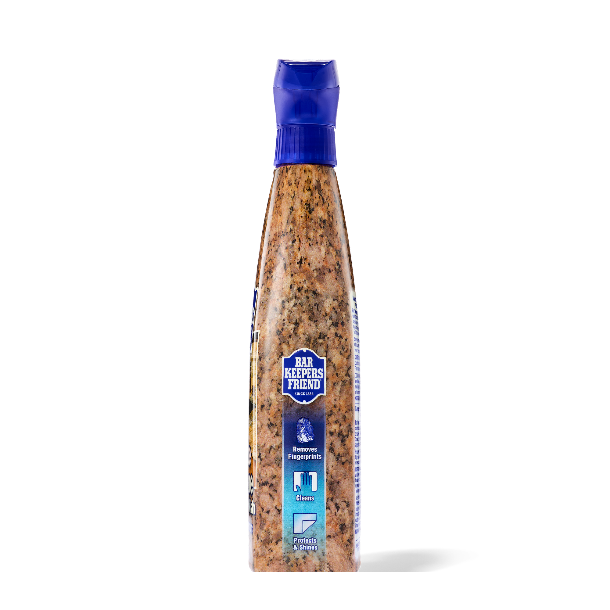 Bottle of Bar Keepers Friend Granite & Stone Cleaner & Polish with blue cap and label showing cleaning benefits.