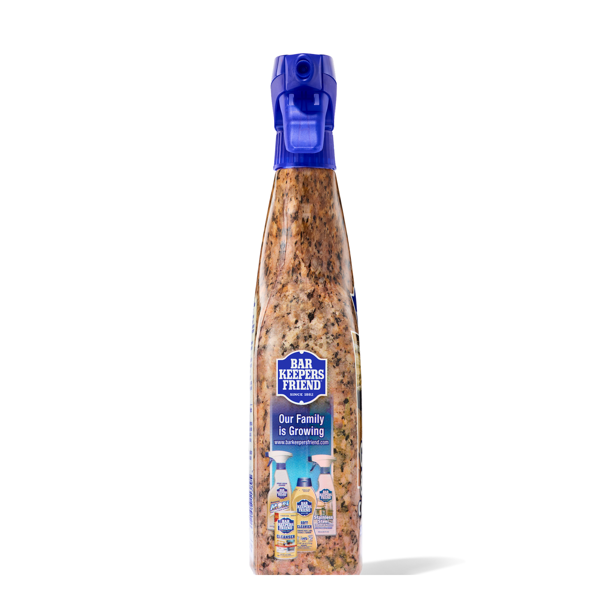 Spray bottle with blue nozzle containing granite and stone cleaner and polish with speckled brown liquid inside.