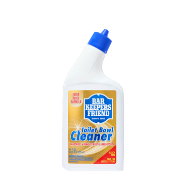 Bar Keepers Friend Toilet Bowl Cleaner bottle with blue cap and yellow label, extra thick formula.