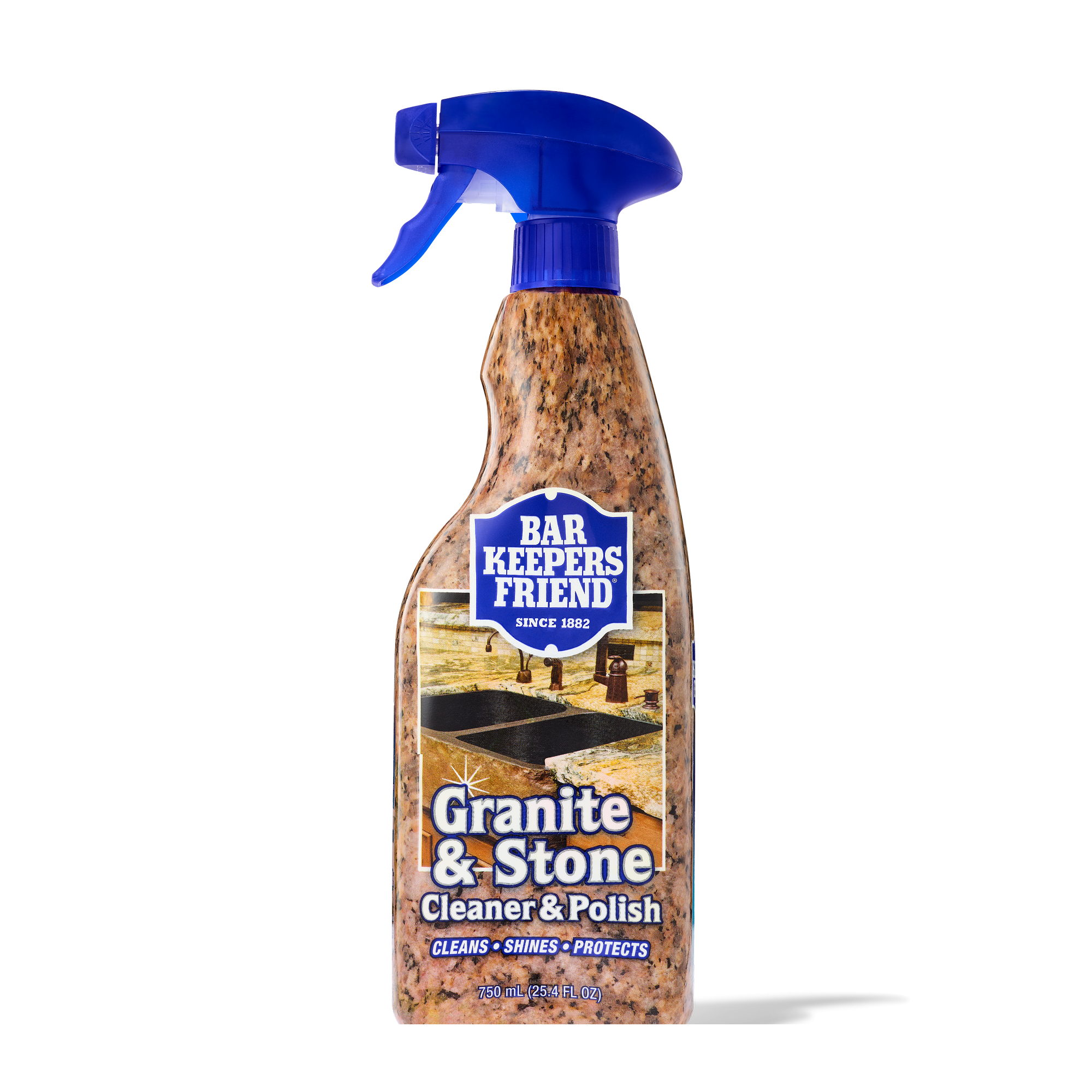 Spray bottle of Bar Keepers Friend Granite & Stone Cleaner & Polish with blue trigger and granite-patterned label.