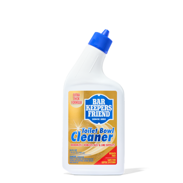 White angled bottle of Bar Keepers Friend Toilet Bowl Cleaner with blue cap and label highlighting rust and mineral deposit r