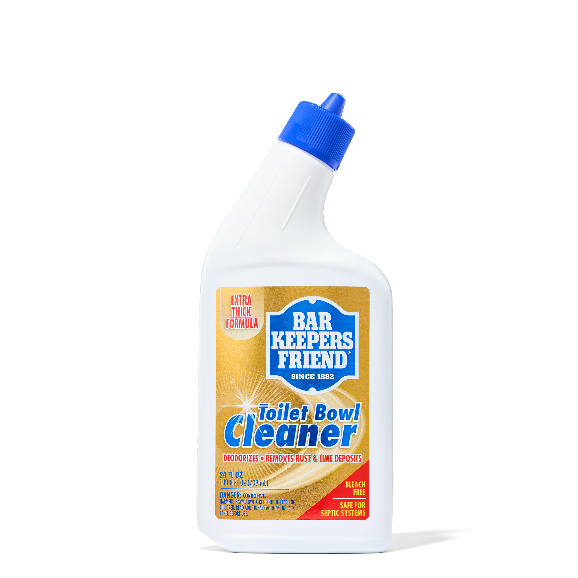 White angled bottle of Bar Keepers Friend Toilet Bowl Cleaner with blue cap and label highlighting rust and mineral deposit r