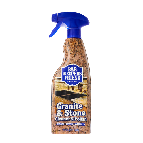 Bar Keepers Friend Granite & Stone Cleaner & Polish spray bottle with blue trigger top.