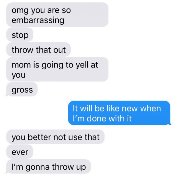 Text message between Sandy and his daughter about BKF cleaning All-Clad pan